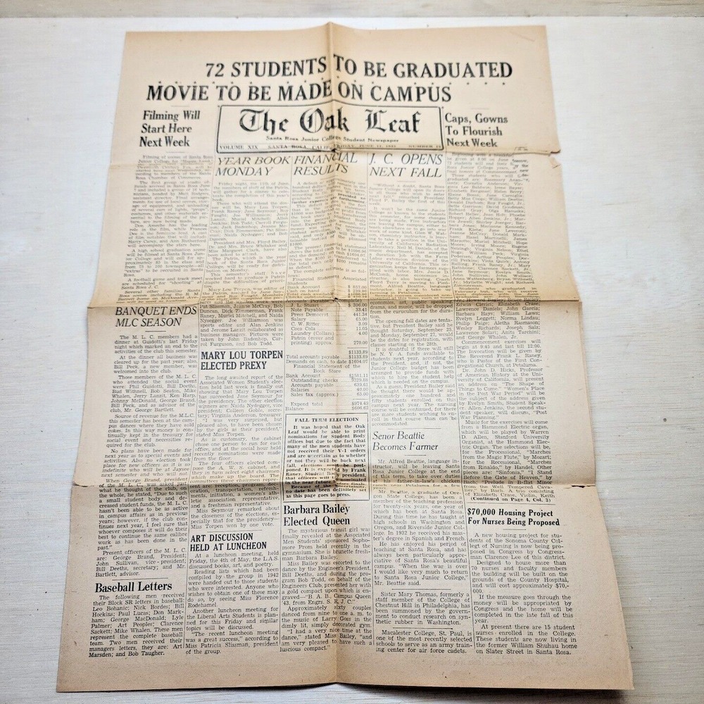 1943 Santa Rosa Jr. College Student Newspaper "The Oak Leaf" Vintage Original